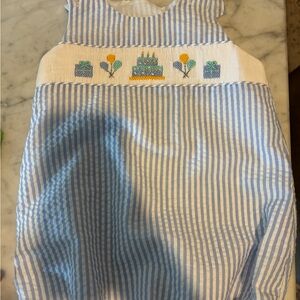 Blue and White Striped Smocked Birthday One-Piece for Kids